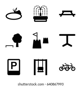 Park icons set. set of 9 park filled icons such as table, fountain, pond, parking, castle tower, swing, tree and bench