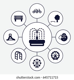 Park icons set. set of 9 park filled icons such as ferris wheel, soldier emot, bench, playground ladder, fountain, waterslide, tree and bench