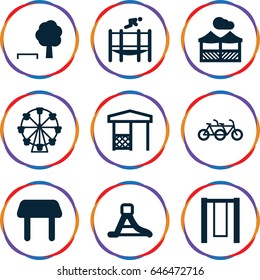Park icons set. set of 9 park filled icons such as table, gazebo, waterslide, trampoline, pergola, swing, tree and bench, family bicycle