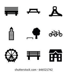 Park icons set. set of 9 park filled icons such as ferris wheel, building, house, bench, waterslide, table, tree and bench