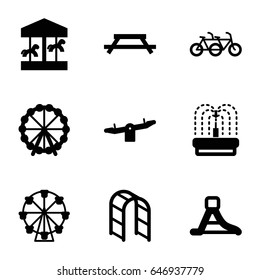 Park icons set. set of 9 park filled icons such as ferris wheel, swing, playground ladder, fountain, waterslide, carousel, table