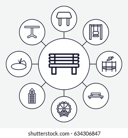 Park icons set. set of 9 park outline icons such as ferris wheel, table, building, bench, trampoline, pond