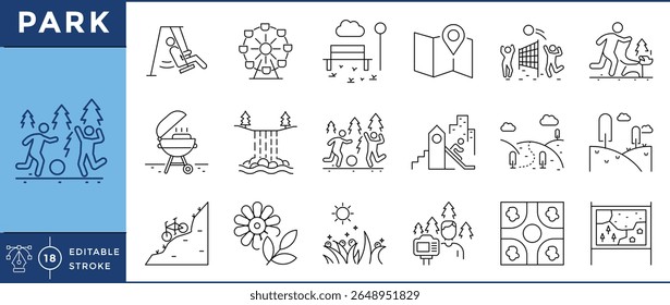 Park icons set. Child, fun, games, natural, pine, ground, fresh air and much more. Vector editable stroke.