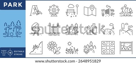 Park icons set. Child, fun, games, natural, pine, ground, fresh air and much more. Vector editable stroke.
