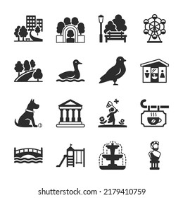 Park icons set. City recreation park. Entertainment for families. Open urban space with greenery. Attractions, paths, gardens, etc. isolated vector illustration - Shutterstock ID 2179410759