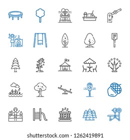 Park Icons Set. Collection Of Park With Bench, Forest, Carousel, Slide, Lake, Acorn, Parking Meter, Swing, Tree, Lawn, Picnic, Circus, Pine. Editable And Scalable Park Icons.