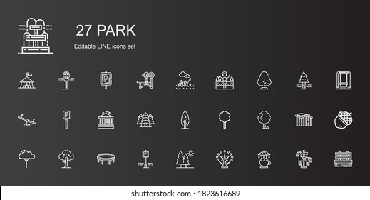 Park Icons Set. Collection Of Park With Carousel, Tree, Trees, Parking, Trampoline, Forest, Swing, Lake, Lawn, Bench, Acorn, Roller Coaster. Editable And Scalable Park Icons.