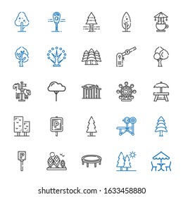 park icons set. Collection of park with picnic, trees, trampoline, tree, parking, pine, bench, rest area, ferris wheel, roller coaster, carousel. Editable and scalable park icons.