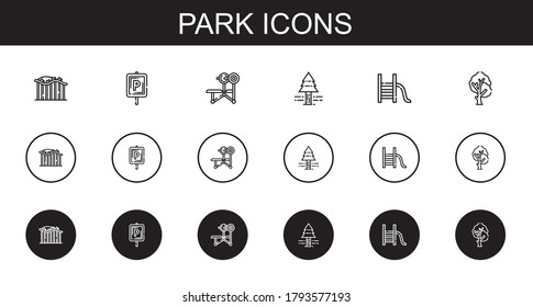 park icons set. Collection of park with roller coaster, parking, bench, pine tree, slide, tree. Editable and scalable park icons.