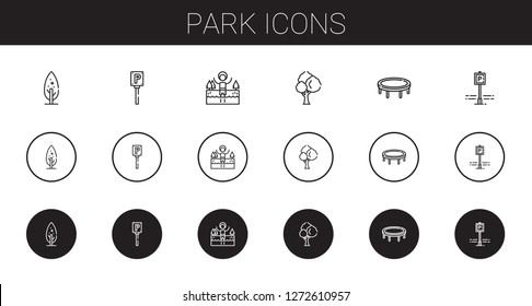 park icons set. Collection of park with tree, parking, lake, trampoline. Editable and scalable park icons.