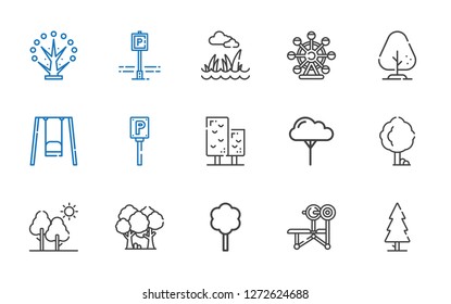 park icons set. Collection of park with tree, bench, forest, parking, swing, ferris wheel, lawn. Editable and scalable park icons.