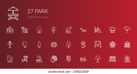 park icons set. Collection of park with tree, sandbox, parking, acorn, lawn, bench, swing, carousel, forest, parking meter, slide, fountain. Editable and scalable park icons.