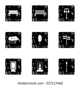 Park icons set. Grunge illustration of 9 park vector icons for web