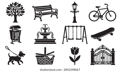 Park icons set includes tree bench lamp post bicycle trash bin fountain swings skateboard dog picnic basket flower and iron gate