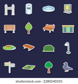 Park icons set stikers collection vector with shadow on purple background