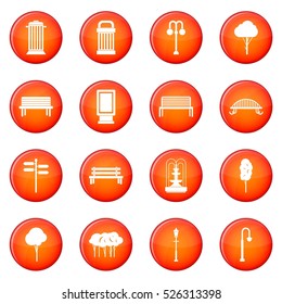 Park icons vector set of red circles isolated on white background