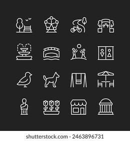 Park icons, white on black background. Public spaces for recreation, sports, culture, leisure. Facilities like seating, cycling, etc. Customizable line thickness