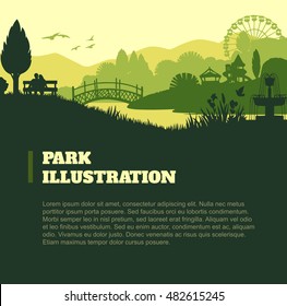 Park illustration background, colored silhouettes elements, flat