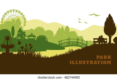 Park illustration background, colored silhouettes elements, flat