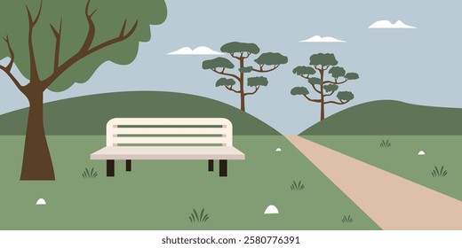 Park illustration. Outdoor parks. Hills. Trees. Countryside hill. Simple park cartoon. Meadow. Park bench. Park chair. 