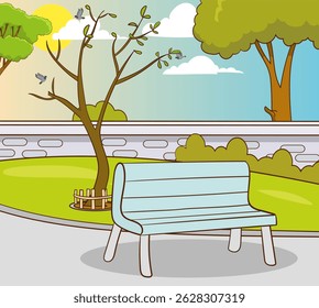 uma imagem de parque e uma ilustração vetorial de um banco de parque