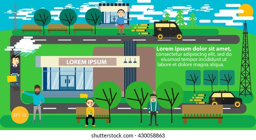 Park infographic elements flat vector design. People in the Park Infographic Elements. people in the park. Set of city buildings and houses, eco parks. Essential elements of green city. 