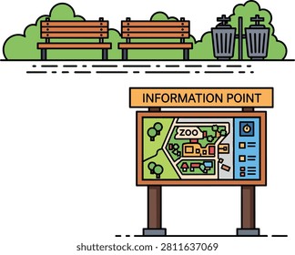 Park Information Sign with Zoo Map and Seating Area Vector