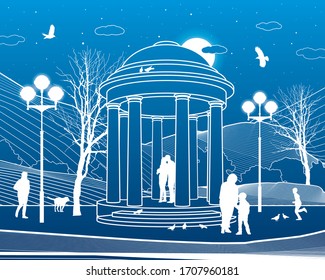 Park infrastructure illustration. Garden house. People walk and relax in nature. Evening city scene. White lines on blue background. Vector design art