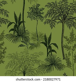 Park ink drawn trees,  banana tree summer floral seamless pattern green background. Toile landscape wallpaper.