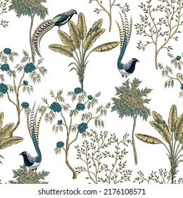 Park ink drawn trees, bird summer floral seamless pattern. Chinoiserie landscape wallpaper.	
