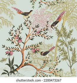 Park ink drawn trees, bird summer floral seamless pattern. Exotic landscape wallpaper.	