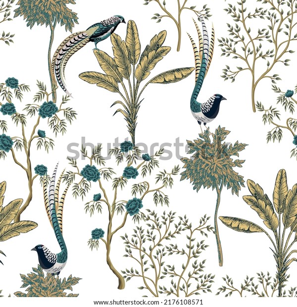 Park ink drawn trees, bird summer floral seamless pattern. Chinoiserie landscape wallpaper. 