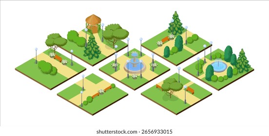 Park. Isolated isometric summer park paths, green grass and trees, fountains, flowers, benches, gazebo, icons collection. Vector illustration of park nature and walking paths.
