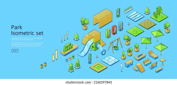 Park isometric set with green trees, grass, plants, wooden benches and umbrellas. Vector banner of city public garden, eco park with solar panels, vending machines and playground