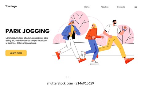 Park jogging banner with people run outdoor. Vector landing page of sport exercise, training, healthy lifestyle with flat illustration of active characters running together