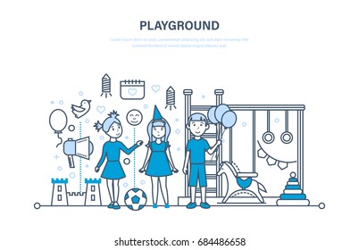 Park and kids playground. Entertainment in the form of swings, recreation park, children's toys. Kids fun, playing. Illustration thin line design of vector doodles, infographics elements.