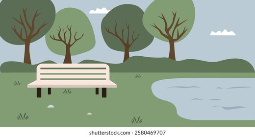 Park with the lake. Lake in the forest illustration. Children book background. Cover book. Rural park. Green space. Trees. Bushes. Public chair parks. Bench chair. Bench parks. Urban parks. Lawn.