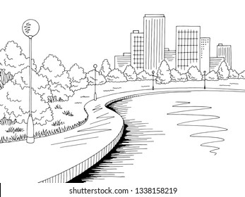 Park Lake Graphic Black White City Landscape Sketch Illustration Vector