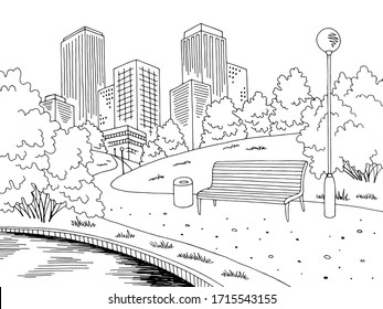 Park Lake Graphic Black White City Landscape Sketch Illustration Vector