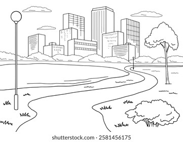 Park lake graphic black white city landscape sketch illustration vector 