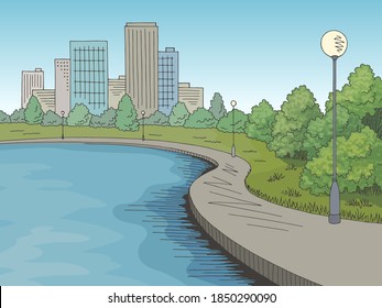 Park With Lake Graphic. Color City Landscape Sketch, Illustration Vector .