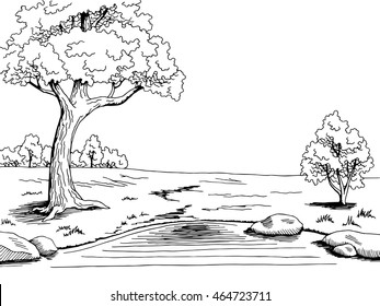 Park lake tree graphic art black white landscape sketch illustration vector