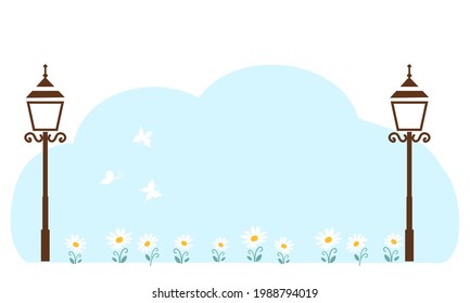 Parken mit Lampenpost, Gänseblume und Schmetterlinge Vektorgrafik.
