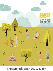 Park Landscape with Active People on BBQ Party. Friends on Summer Barbeque and Grill. Barbeque Poster, Banner, Invitation. Vector illustration