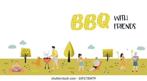Park Landscape with Active People on BBQ Party. Friends on Summer Barbeque and Grill. Barbeque Poster, Banner, Invitation. Vector illustration
