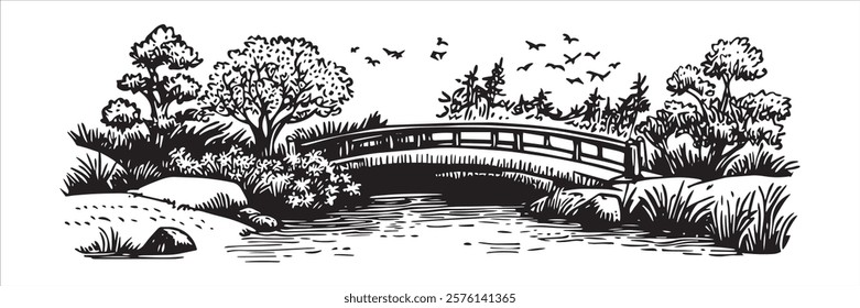 park landscape with arched bridge and trees in black and white hand-drawn style