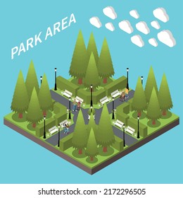 Park landscape area concept with nature elements isometric vector illustration