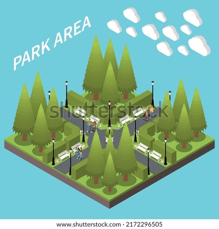 Park landscape area concept with nature elements isometric vector illustration