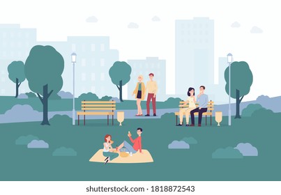 Park landscape background with young couple enjoying time spending together and joint vacation, flat vector illustration. Men and women walking and having picnic.