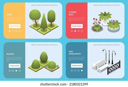 Park landscape banners set with flower beds isometric isolated vector illustration